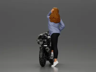 woman in shirt long hair posing with foot resting on motorcycle 3D print model