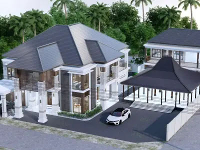 Luxury 2 floor House design with wooden House for reception 3D model