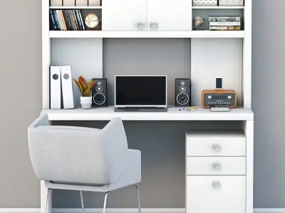 WorkSpace computer desk with chair and bookshelf 3D model