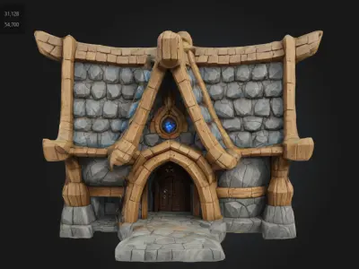 Stylized Fantasy House Medieval Wooden and Stone Building Low-poly 3D model