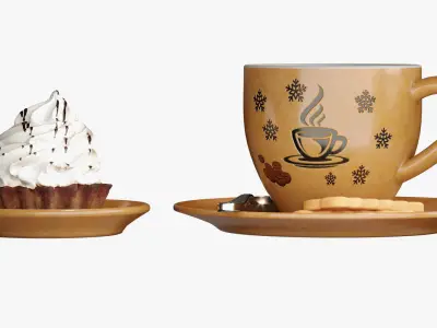 Coffee cup with cake and cookies 3D model