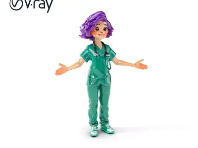 Animated D Medical Character with Purple Hair and Stethoscope Low-poly 3D model
