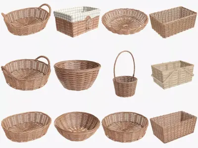Wicker baskets light brown with fabric handle 3D Model Collection