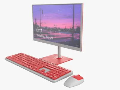 Wireles Computer Set Keyboard Mouse Monitor Red-White Version 3D model