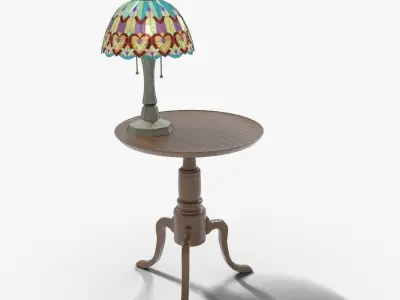 Old Living Room Set Leather Armchair Side Table Lamp Chandelier Low-poly 3D model