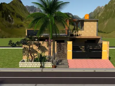 Villa house with palm trees and mountains 3D model