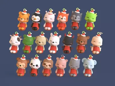 Cute Animal Christmas Hanging Ornaments Low-poly 3D model