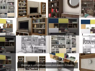 Shelvings tv unit with bookcases and shelves 3D Model Collection
