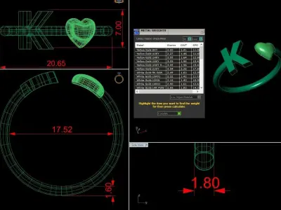 Alphabet Jewelry with Heart Ring K 3D print model