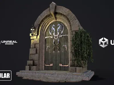 Medieval Door game ready modular 3d model Low-poly 3D model