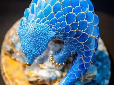 Blue Agate Pangolin Sculpture Gemstone Animal Gold Veins 3D Low-poly 3D model