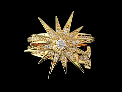Stern Ring 3D Model Gold and Diamond Starburst Design 3D print model
