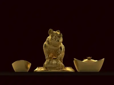 Chinese gold ingot with golden pig 3D model