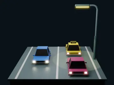 Low poly Car three colorful cars on street Low-poly 3D model