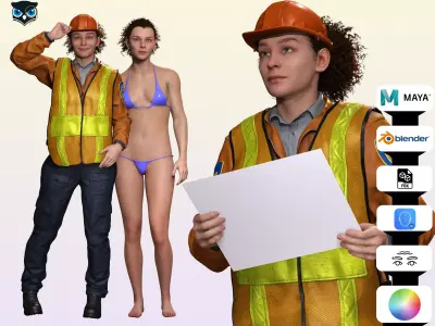 Female Construction Worker Character with Safety Vest Low-poly 3D model