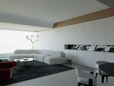 Modern Italian Minimalist Living and Dining Room Interior Scene 3D model