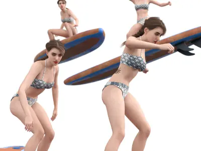 Woman with Paddle Board 05 Poses Low-poly 3D model