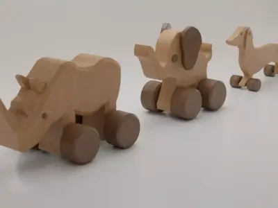 Wooden Animals Toys Collection Wheeled Dog Rhino Elephant Low-poly 3D model