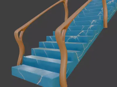 Blue Marble Staircase with Organic Wooden Handrails 3D model
