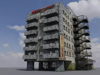 Old neglected hotel with interior furniture Low-poly 3D model