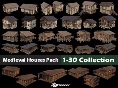 Medieval Houses 1-30 Collection - 4K Textures Game Ready Low-poly 3D model