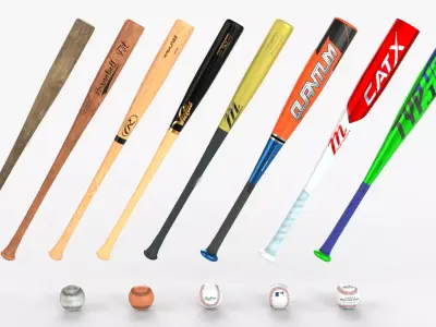 Collection of baseball bats and balls 3D model