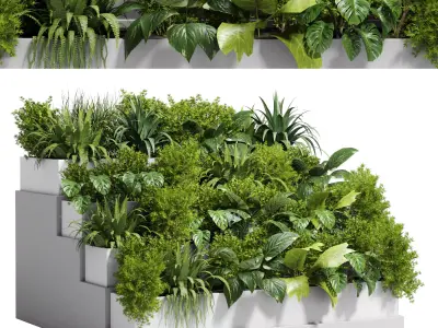 Stairs plant outdoor indoor concrete vase pot fern bush grass 3D model