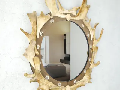 Antler and Wood Mounted Convex Mirror 3D model
