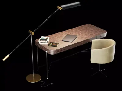 Modern work table with lamp and decor 3D model