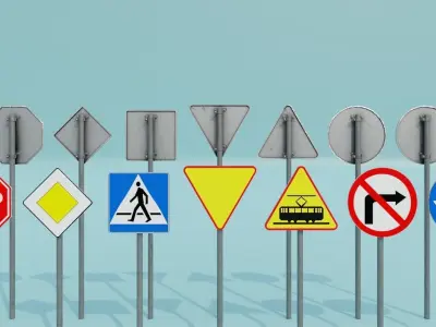 77 European Road Signs PBR Game-ready Low-poly 3D model