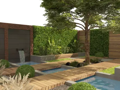 Exterior Garden yard with plants and small pool Low-poly 3D model