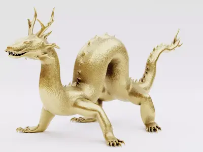 -Chinese Dragon - Golden Statue- Low-poly 3D model