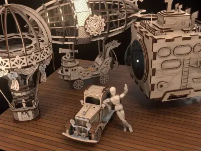 Wooden Full House Man Car Zeppelin Ballon Submarine 3D model