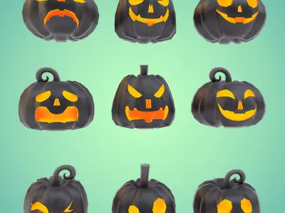 Carved pumpkin heads low poly 3d models set 1 Low-poly 3D model
