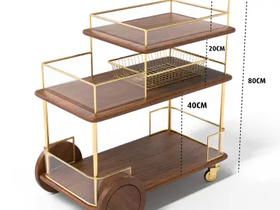 Modern luxe bar cart with gold frame and wooden shelves 3D model