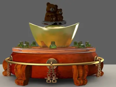 Chinese gold ingot with baby bear  3D model
