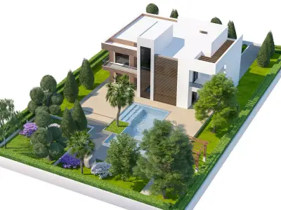Contemporary House with Yard and Swimming Pool 3D Environment Low-poly 3D model