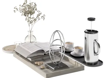 Coffee set 12 - tray pot cup books figurine flower 3D model