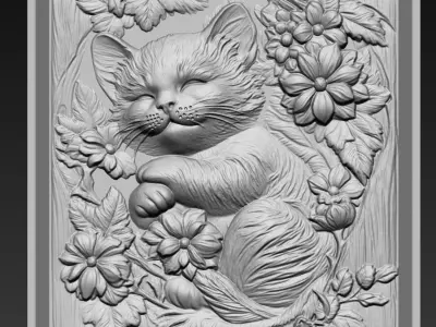 Sleeping Kitten and Flowers A70 3D print model