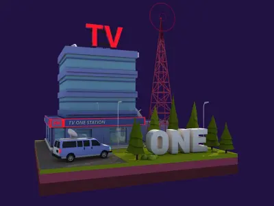 Cartoon Low Poly TV Building Low-poly 3D model