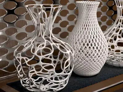 Vases 3d print four on wooden shelf 3D model