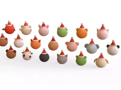 Cute Christmas Animal Head Pack 01 Low-poly 3D model