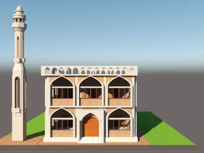 Mosque 3D Model house with arches and windows Low-poly 3D model