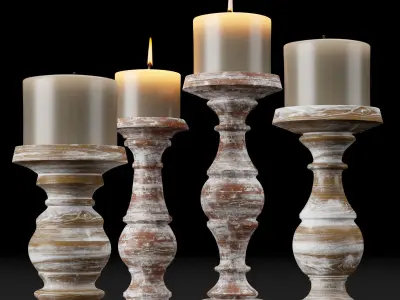 candlestick set 3 wooden candle holder 3D model