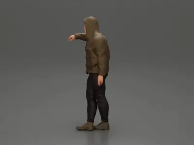 man leaning against the car wearing an open jacket with hood 3D print model