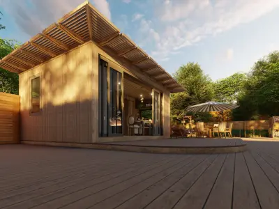 Modern Backyard Cabin with Pool and Outdoor Living Low-poly 3D model