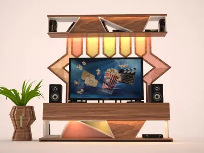 TV Set entertainment unit with plant and 3D model