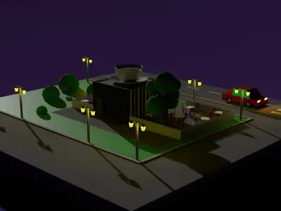 Low poly cafe city with street lights and car 3D model