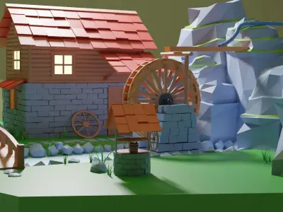 Watermill House Low Poly -  Wood Farm mill  Low-poly 3D model