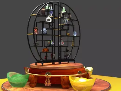 Chinese shelf with yuanbao and decorative sculpture 3D model